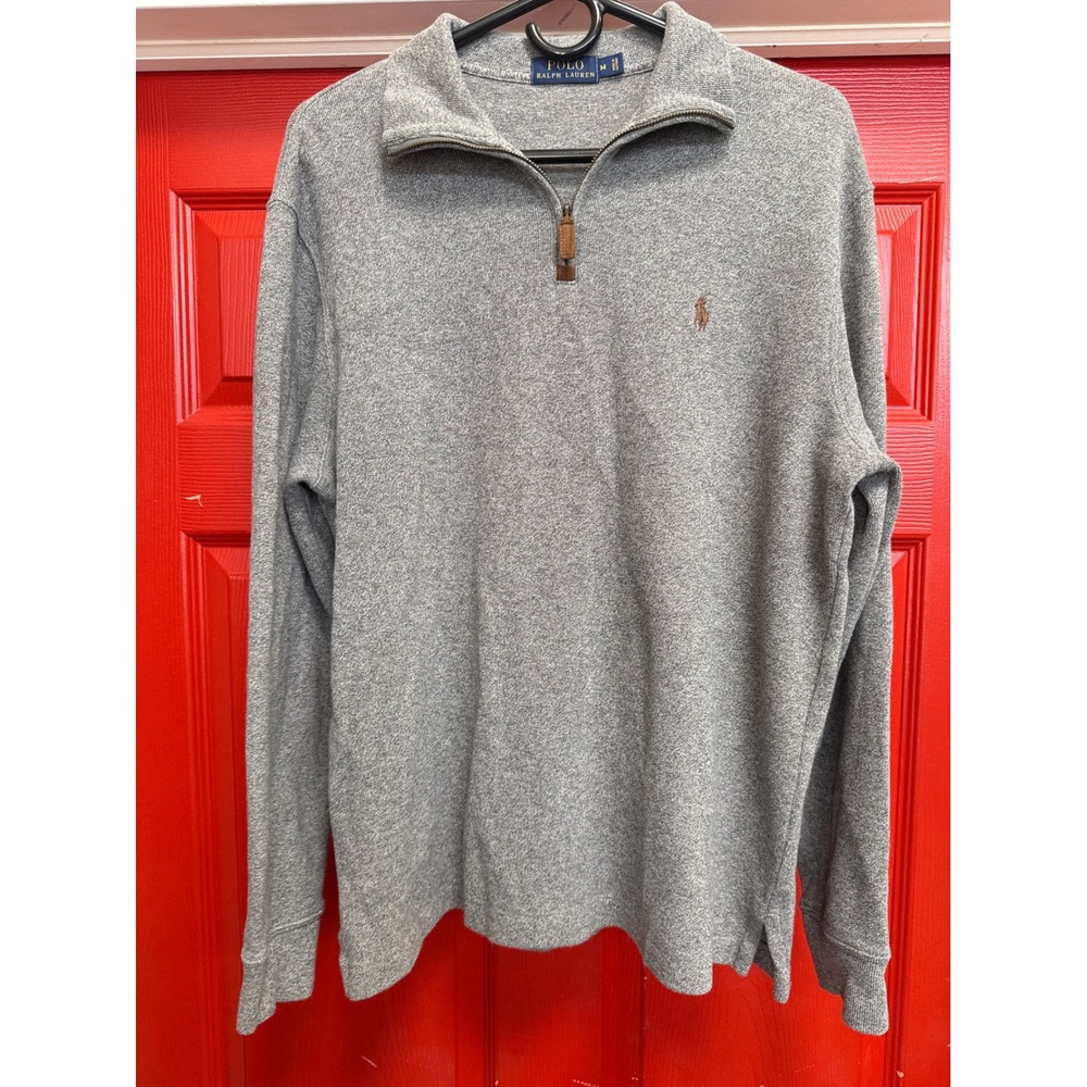 Polo Ralph Lauren Mens Medium Gray Quarter Zip Cotton Knit Pullover Sweater